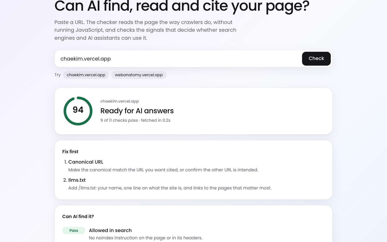 The checker's report for chaekim.vercel.app: a score of 94, ready for AI answers, with two fixes listed first