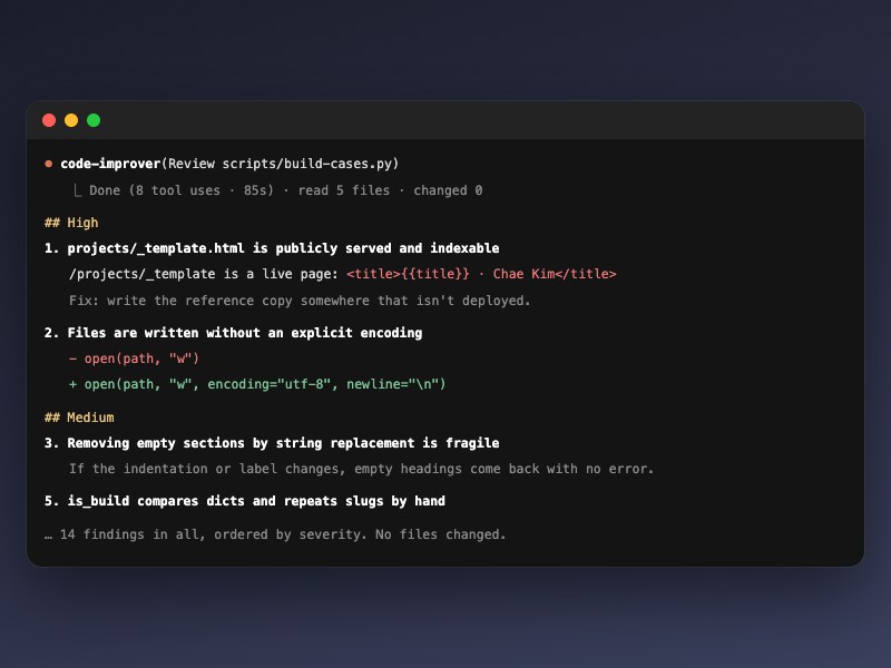 Code Improver reviewing build-cases.py: 14 findings ordered by severity, starting with a template page that was publicly served