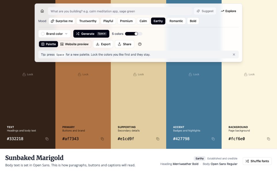 Palette Generator turning 'coffee subscription, warm and earthy' into five roles of color and a font pairing