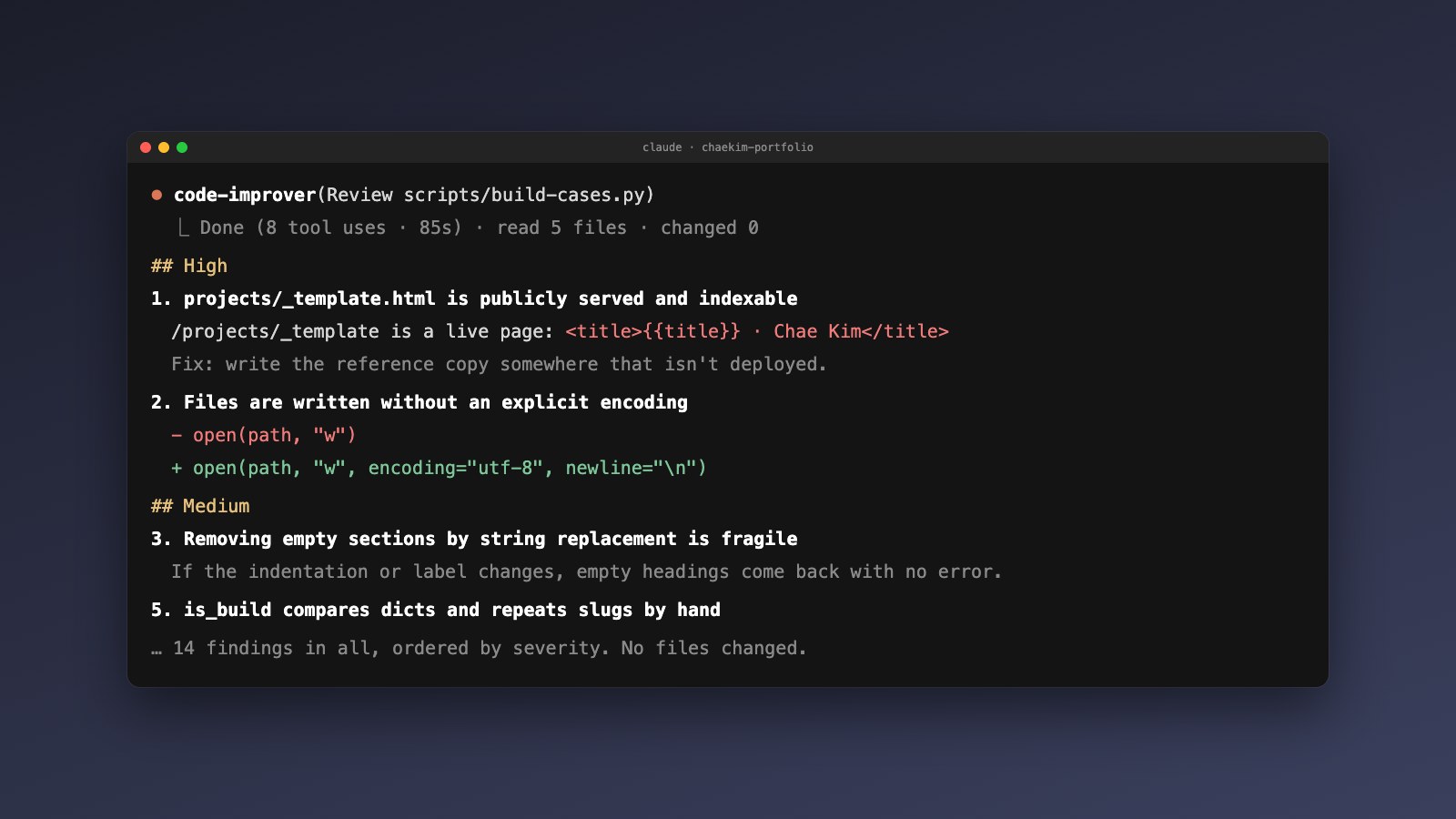 An excerpt of its review of build-cases.py. Its top finding checked out on the live site.