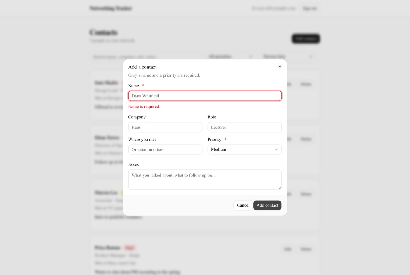 An empty name, rejected with the reason in plain language. Demo data.