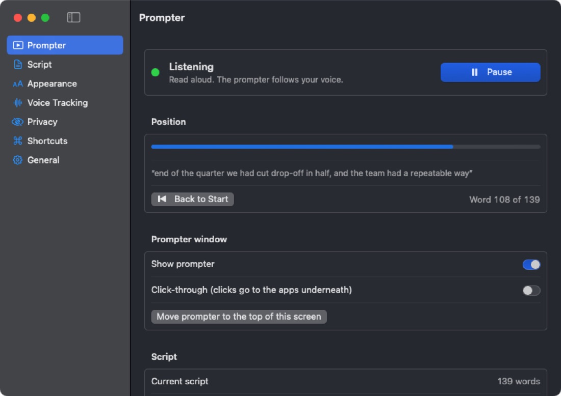 The main window while listening: status, position in the script, and prompter settings.