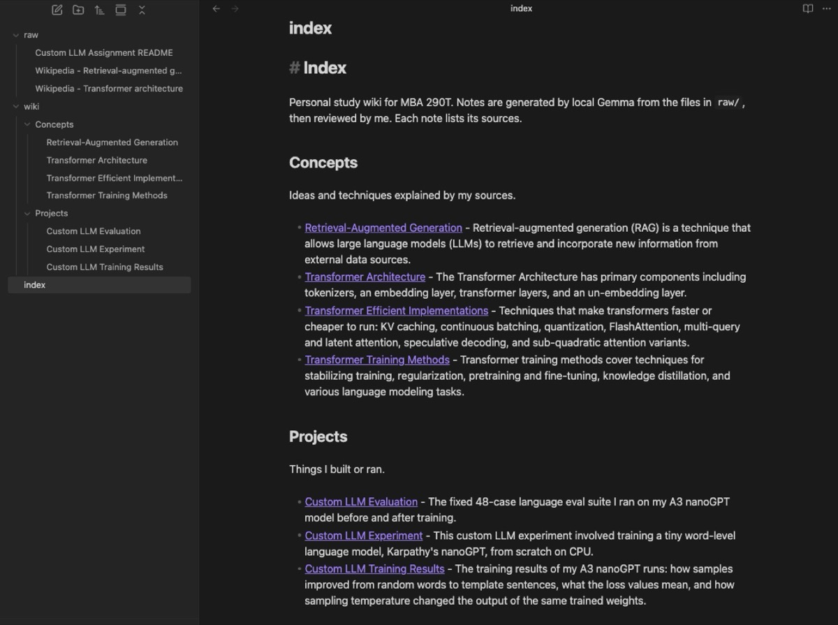 The wiki's index: concepts and projects, each with a one-line summary.