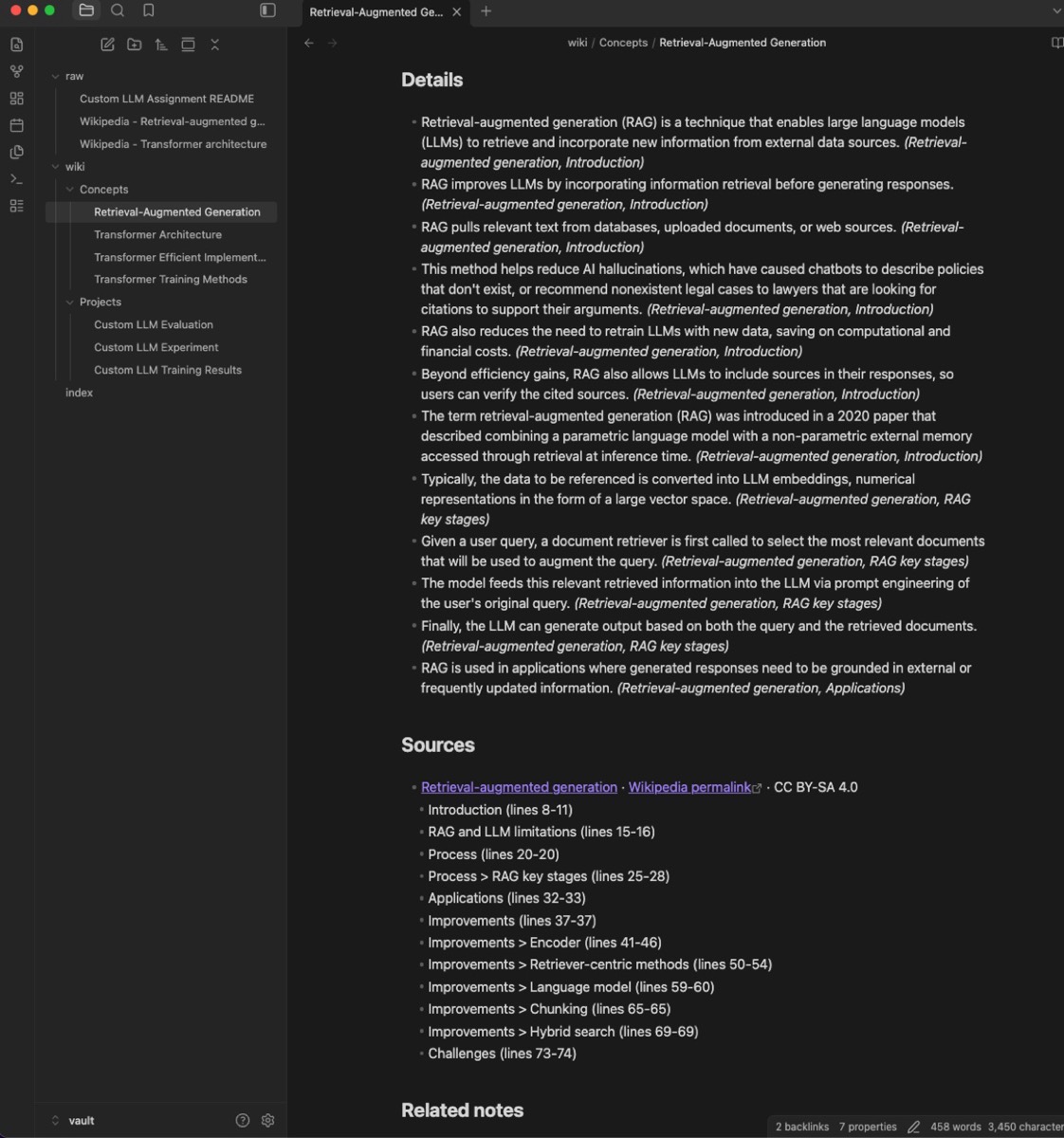 A generated note in Obsidian, with its sources linked back to the raw files.