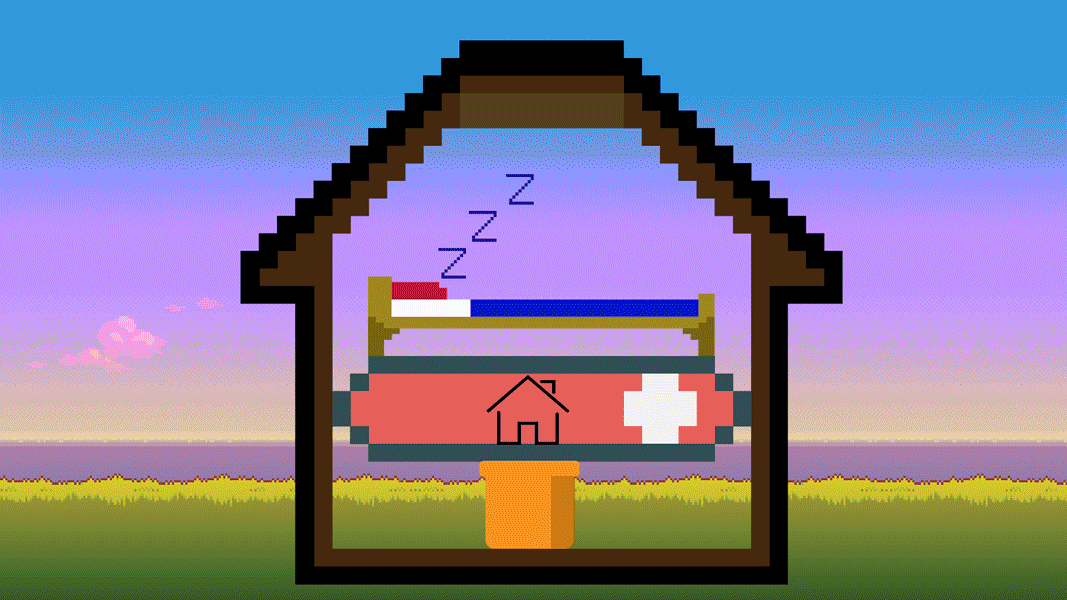 Pixel-art house at dusk