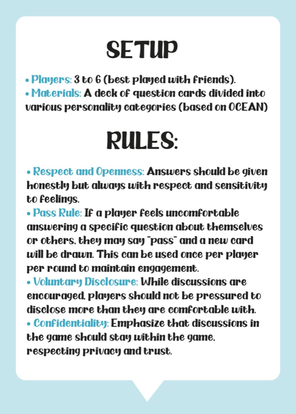 Setup and rules card