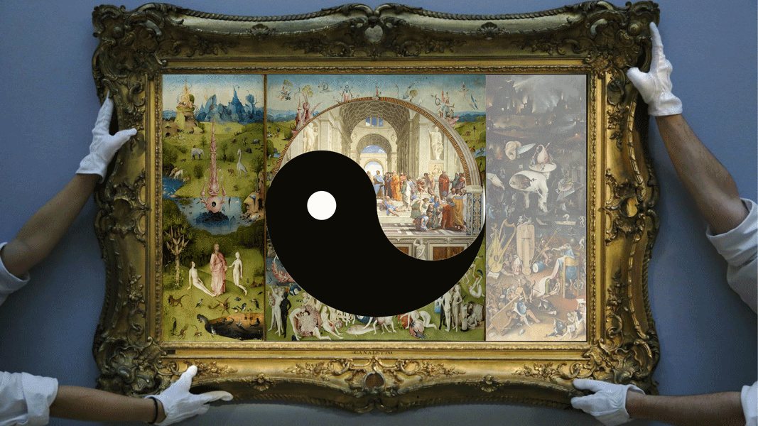 Animated yin yang over a framed painting