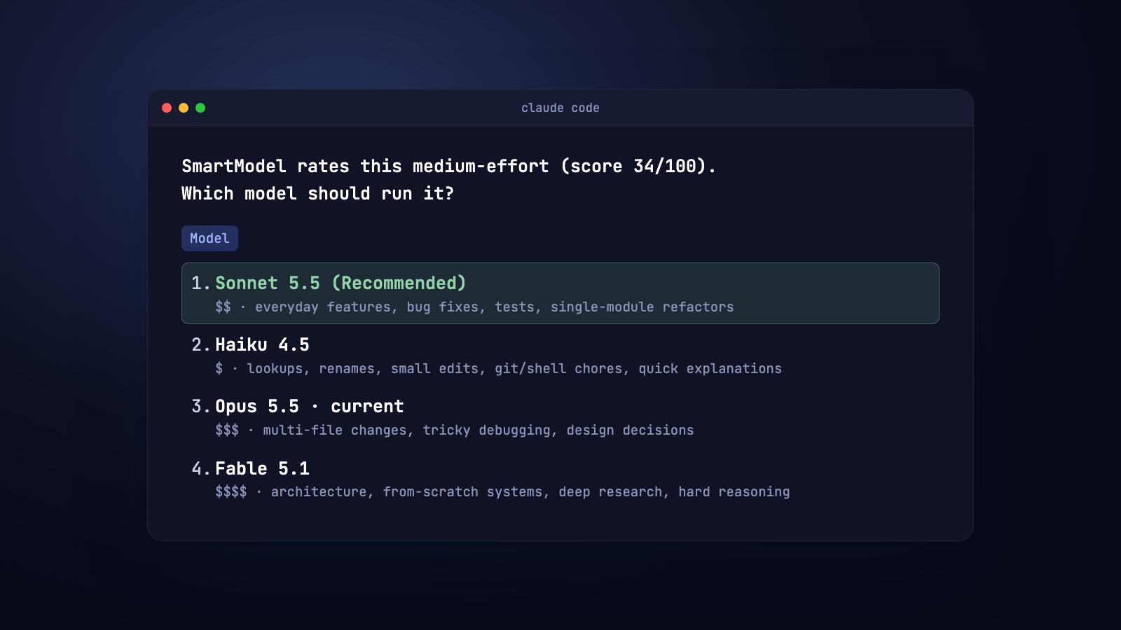 SmartModel's picker in Claude Code: rates a prompt medium-effort and recommends Sonnet