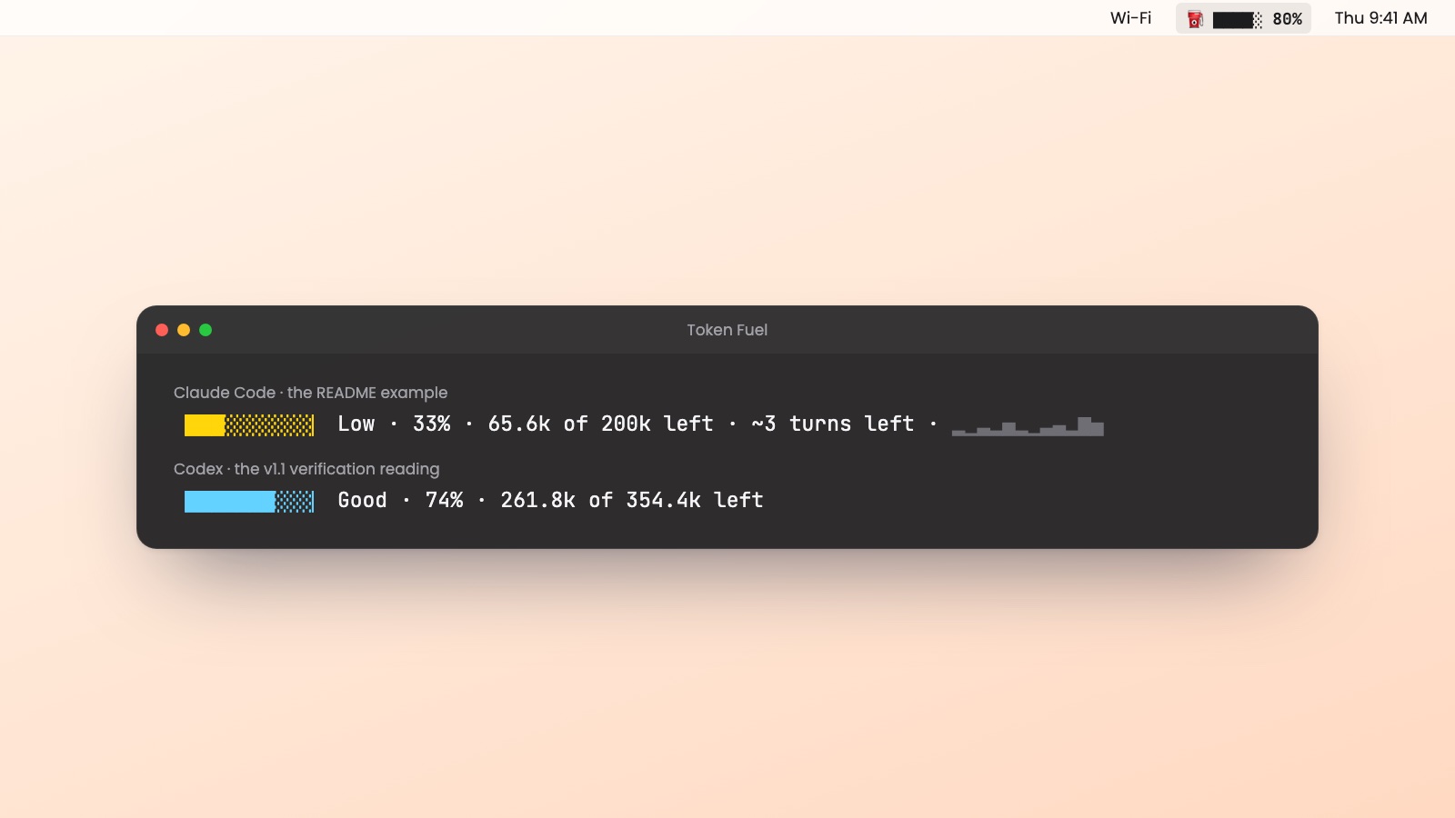 Token-Fuel's menu-bar gauge and floating window showing context left for Claude Code and Codex
